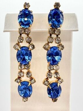 Vintage Blue Prong Set Rhinestone Drop Earrings Gold Tone Regency Princesscore